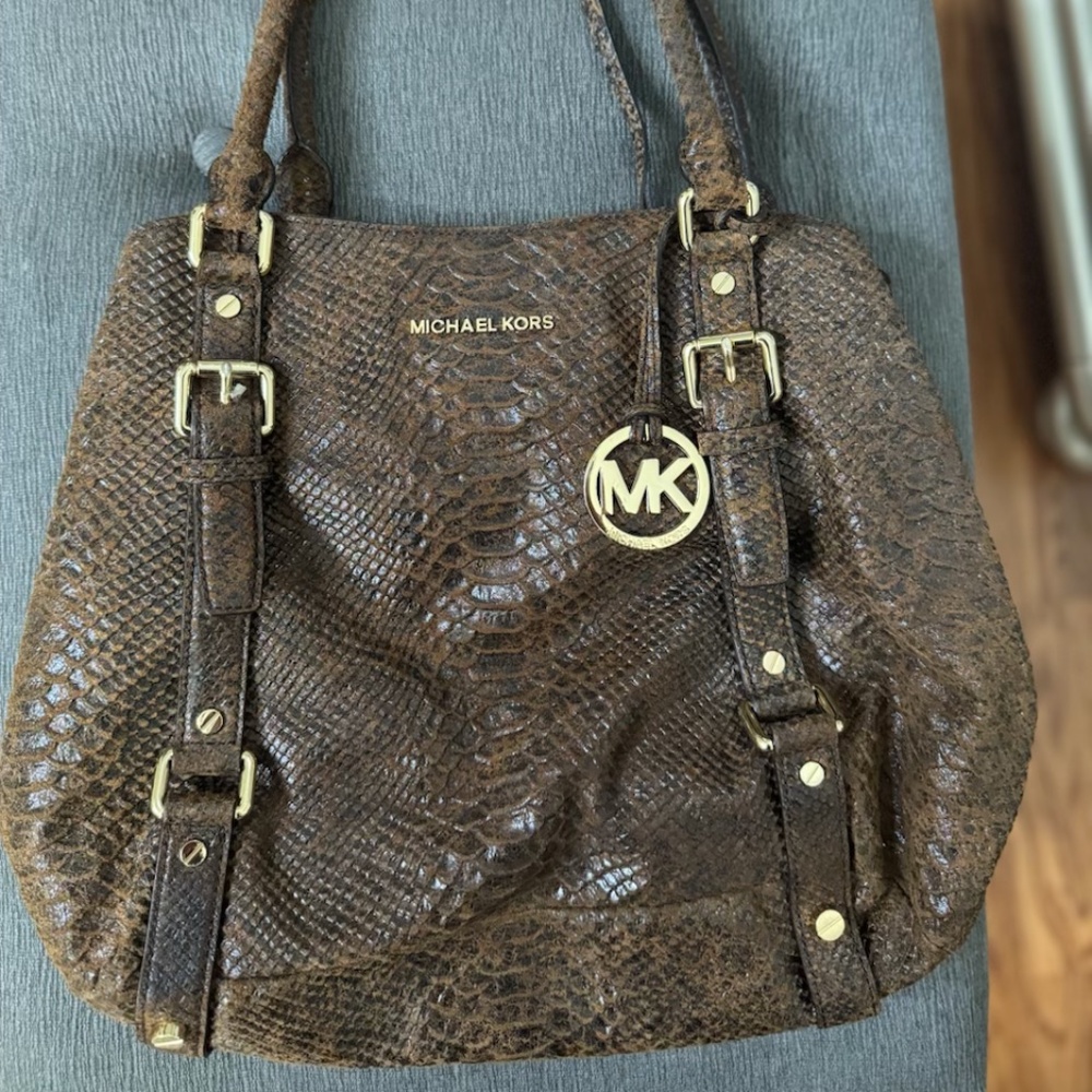 Michael Kors Bedford bowling satchel handbag in brown snakeskin-embossed leather